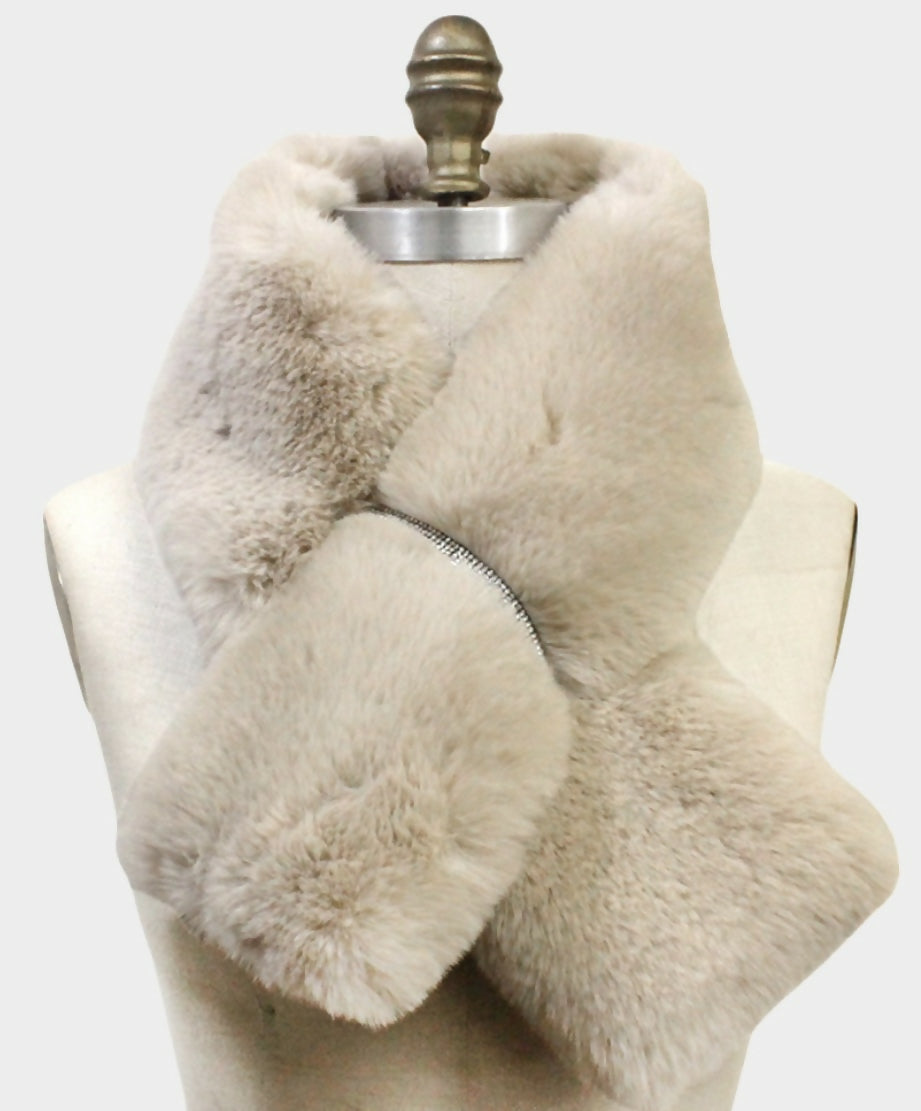 Neutral Faux Fur Scarf W/ Rhinestone Pull-Through