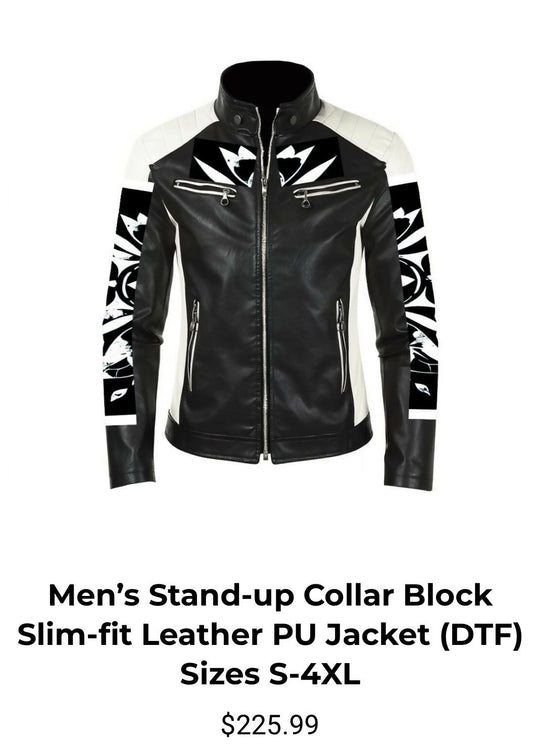 Men’s stand-Up Collar Block Slim-fit PU Leather Sizes S-4XL