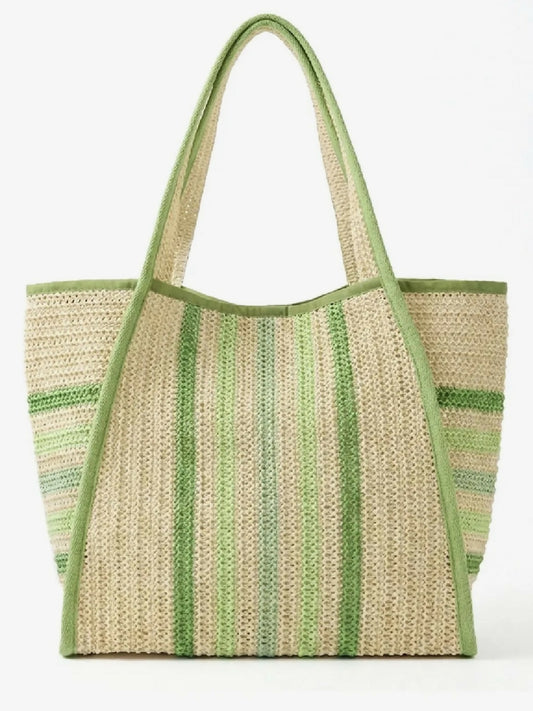 Green Striped Straw Summer Tote
