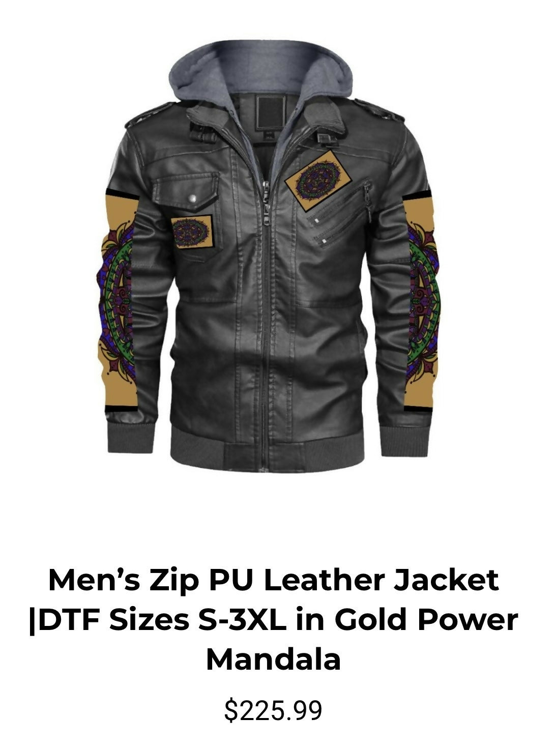 Men’s Zip PU Leather Jacket DTF Sizes S-3XL in Golden Mandala Power