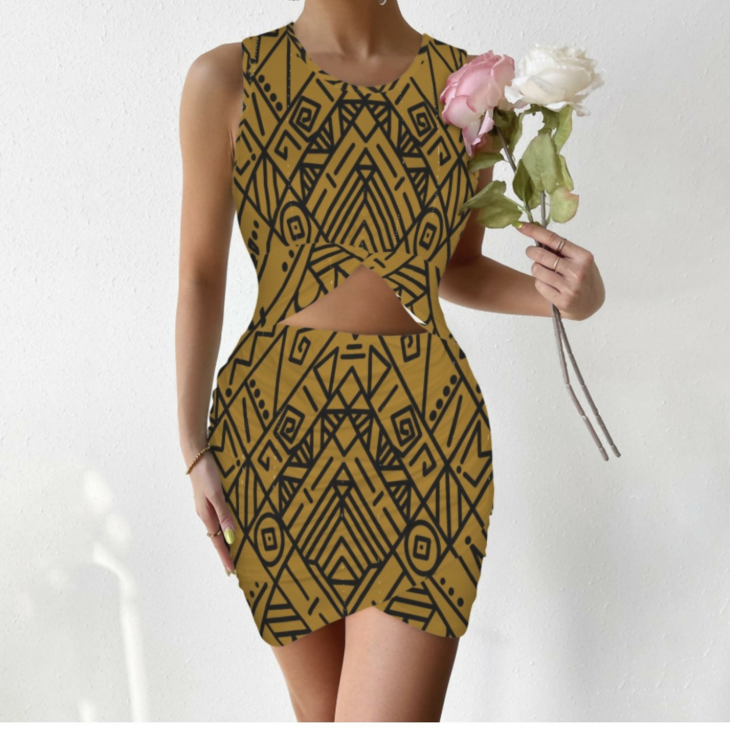 Sleeveless Cut-out Wrap Ruched Bodycon Dress Sizes S-5XL in The Sahara