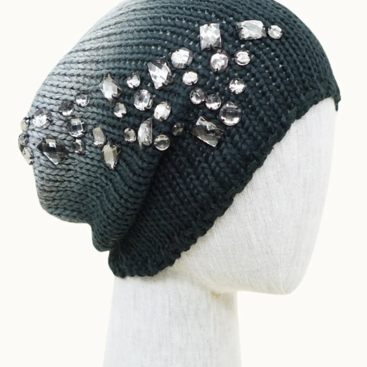 grey black jeweled beanie