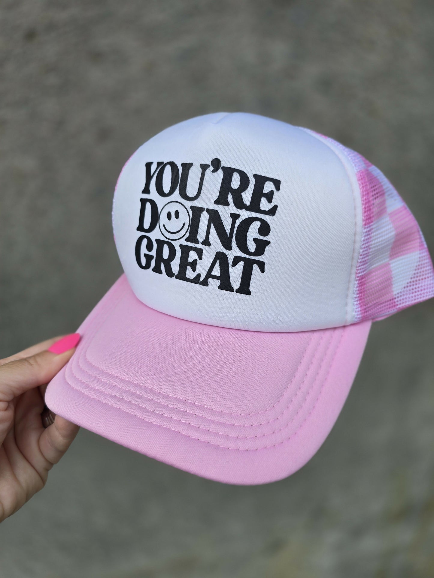 Doing Great Pink Checkered Trucker Hat