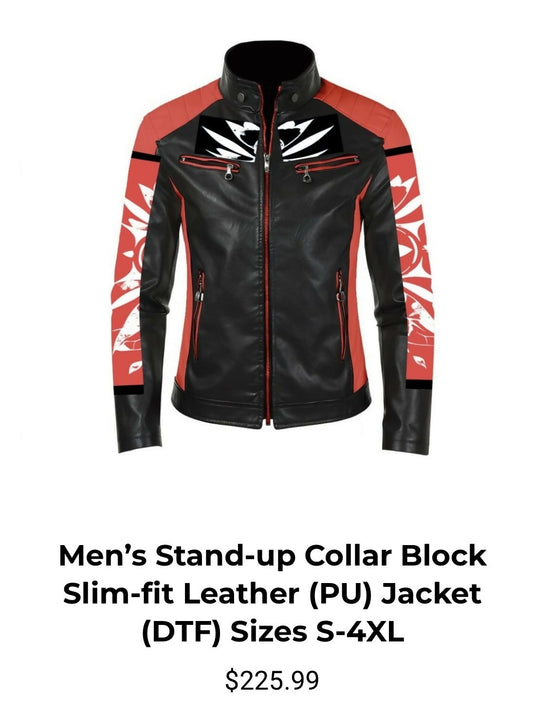 Men’s Stand-Up Collar Block Slim-Fit PU Leather Jacket Sizes S-4XL