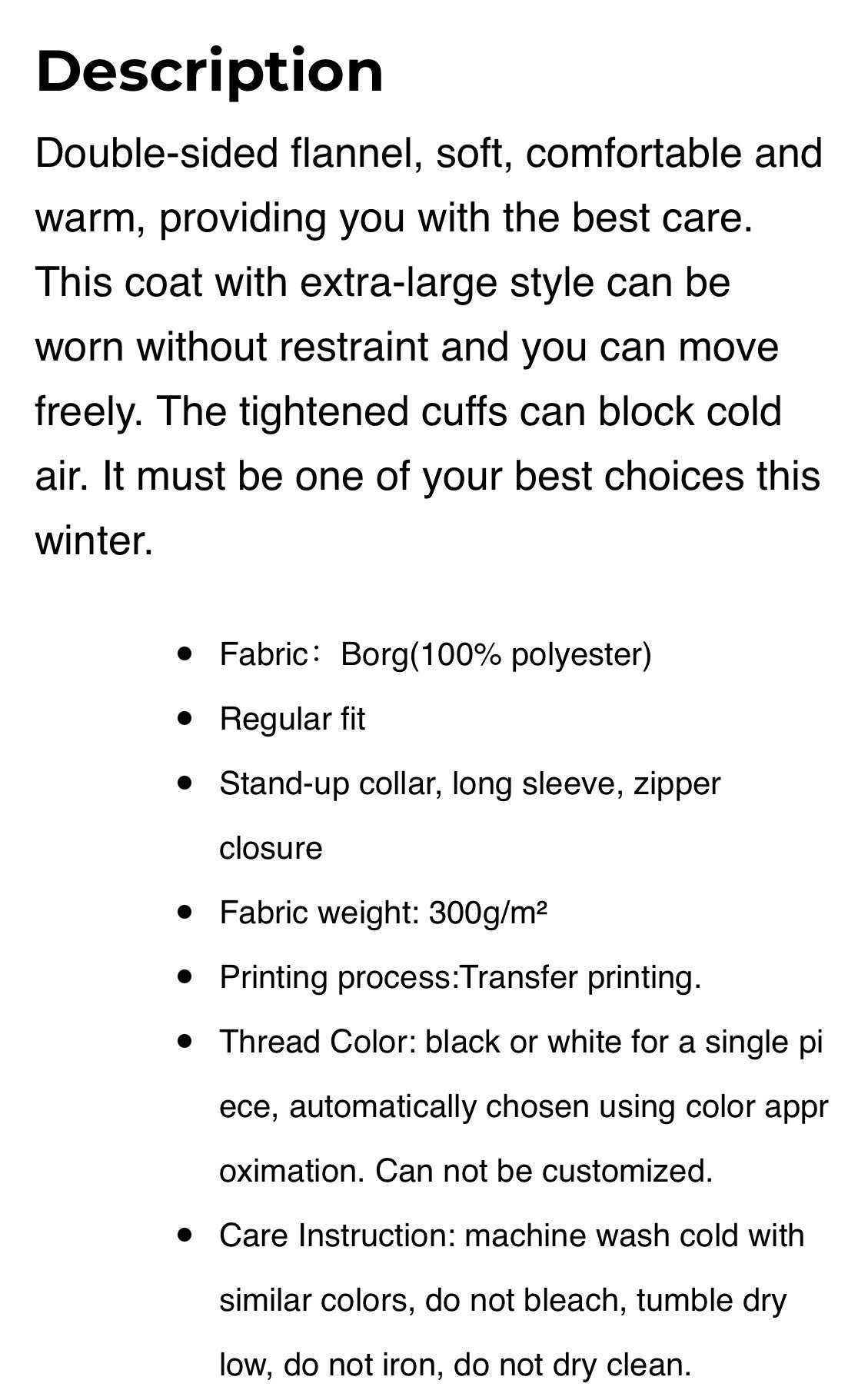 Unisex Borg Fleece with Stand-up Collar Coat with Zipper Sizes L-5XL
