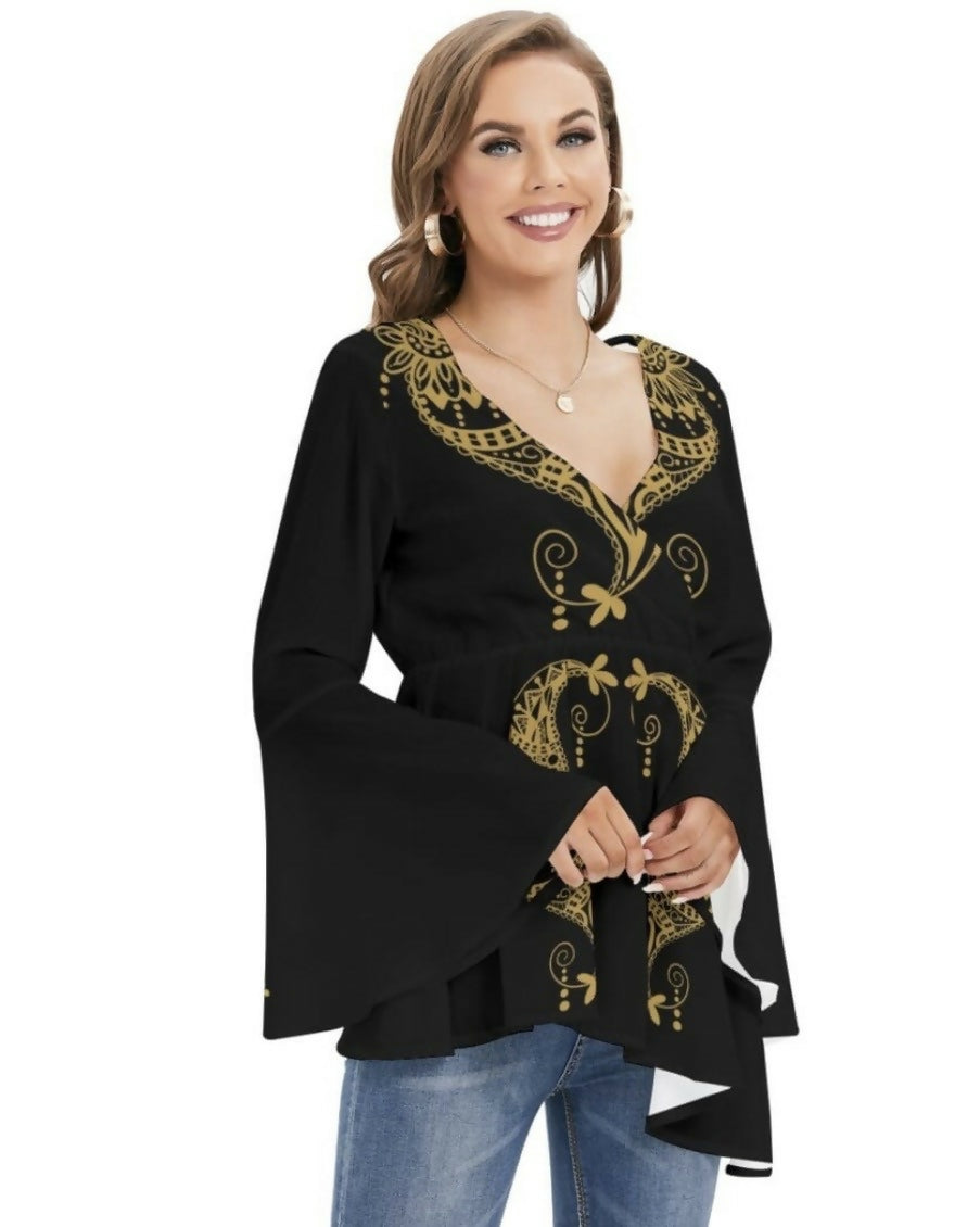 Women’s V-Neck Blouse with Bell Sleeves Sizes XS-2XL