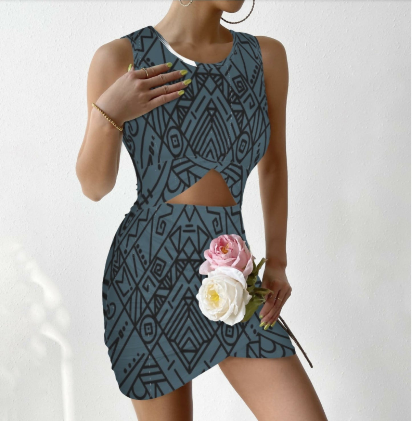 Sleeveless Cut-out Wrap Ruched Bodycon Dress Sizes S-5XL in The Sahara