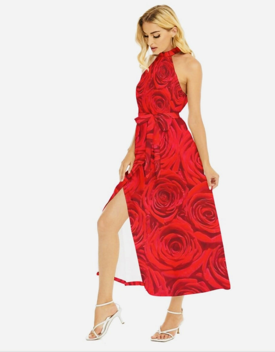 Women’s Wrap Hem Belted Halter Dress Sizes XS-2XL