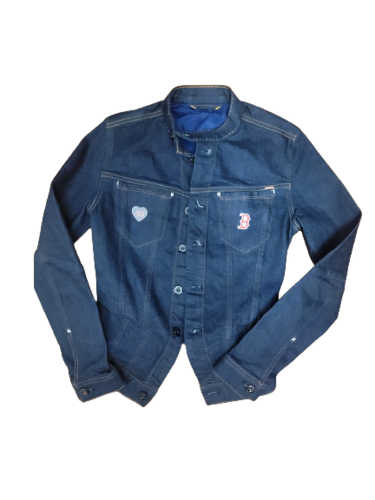 Dark blue Redsox Jean Jacket Round Collar