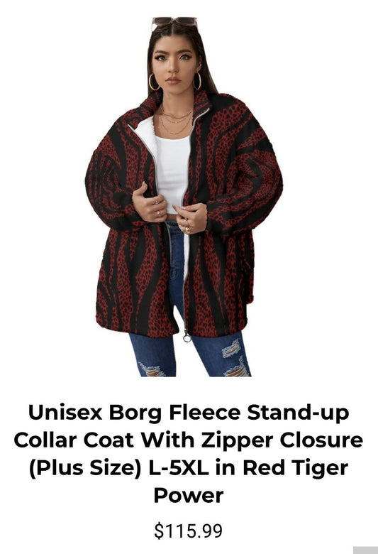 Unisex Borg Fleece with Stand-up Collar Coat with Zipper Sizes L-5XL