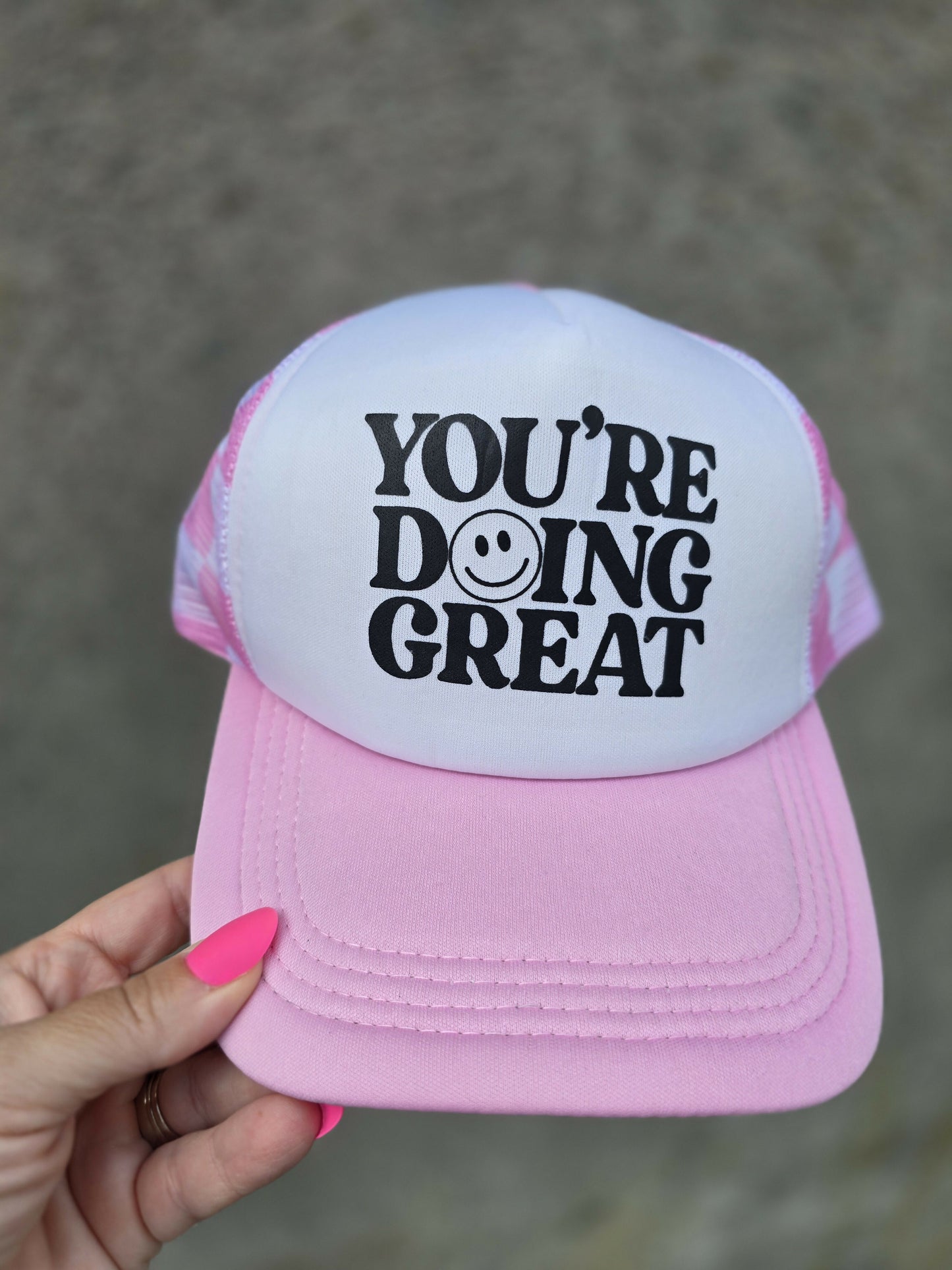 Doing Great Pink Checkered Trucker Hat