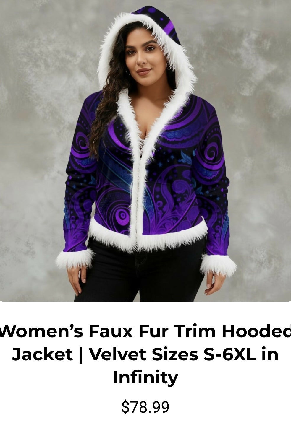 Women’s Faux Fur Trim Velvet Hooded Jacket Sizes S-6XL in Infinity