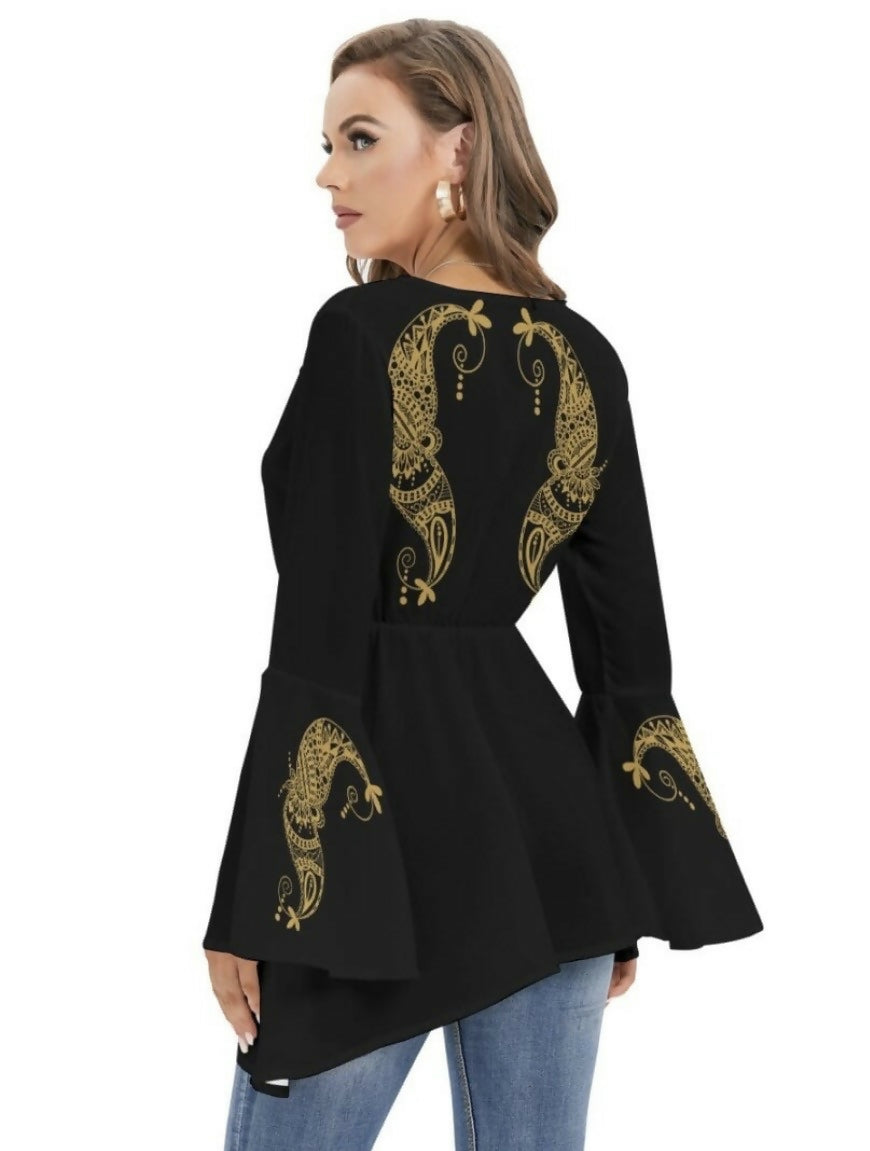 Women’s V-Neck Blouse with Bell Sleeves Sizes XS-2XL
