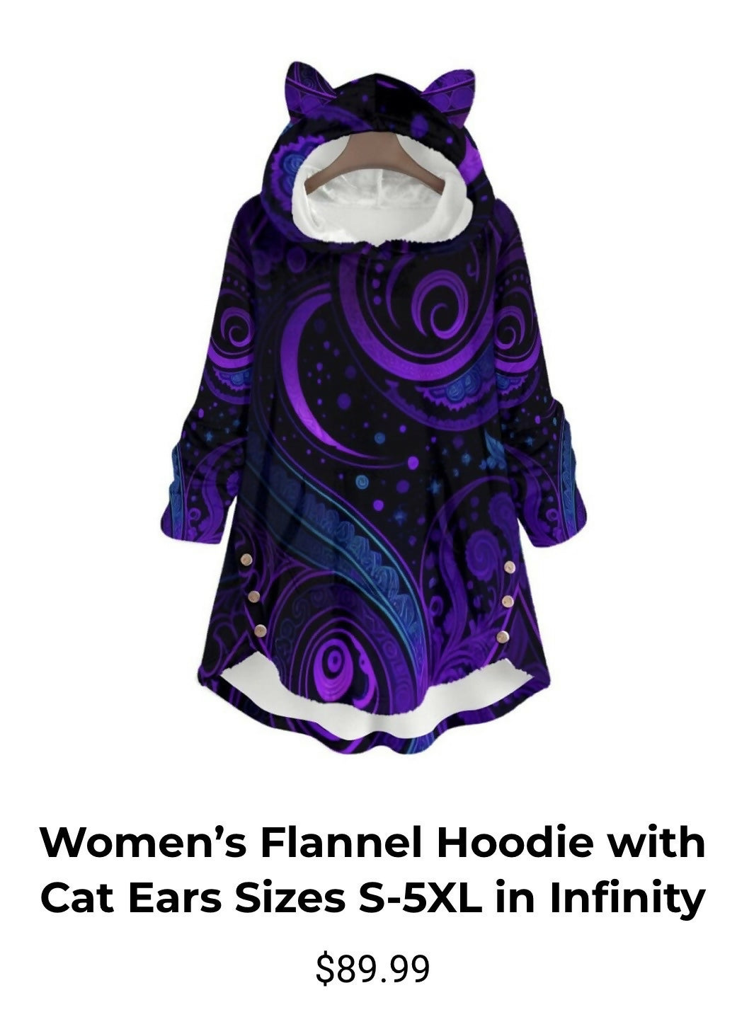 Women’s Velvety Plush Flannel Hoodie work Cat Ears Sizes S-5XL in Infinity