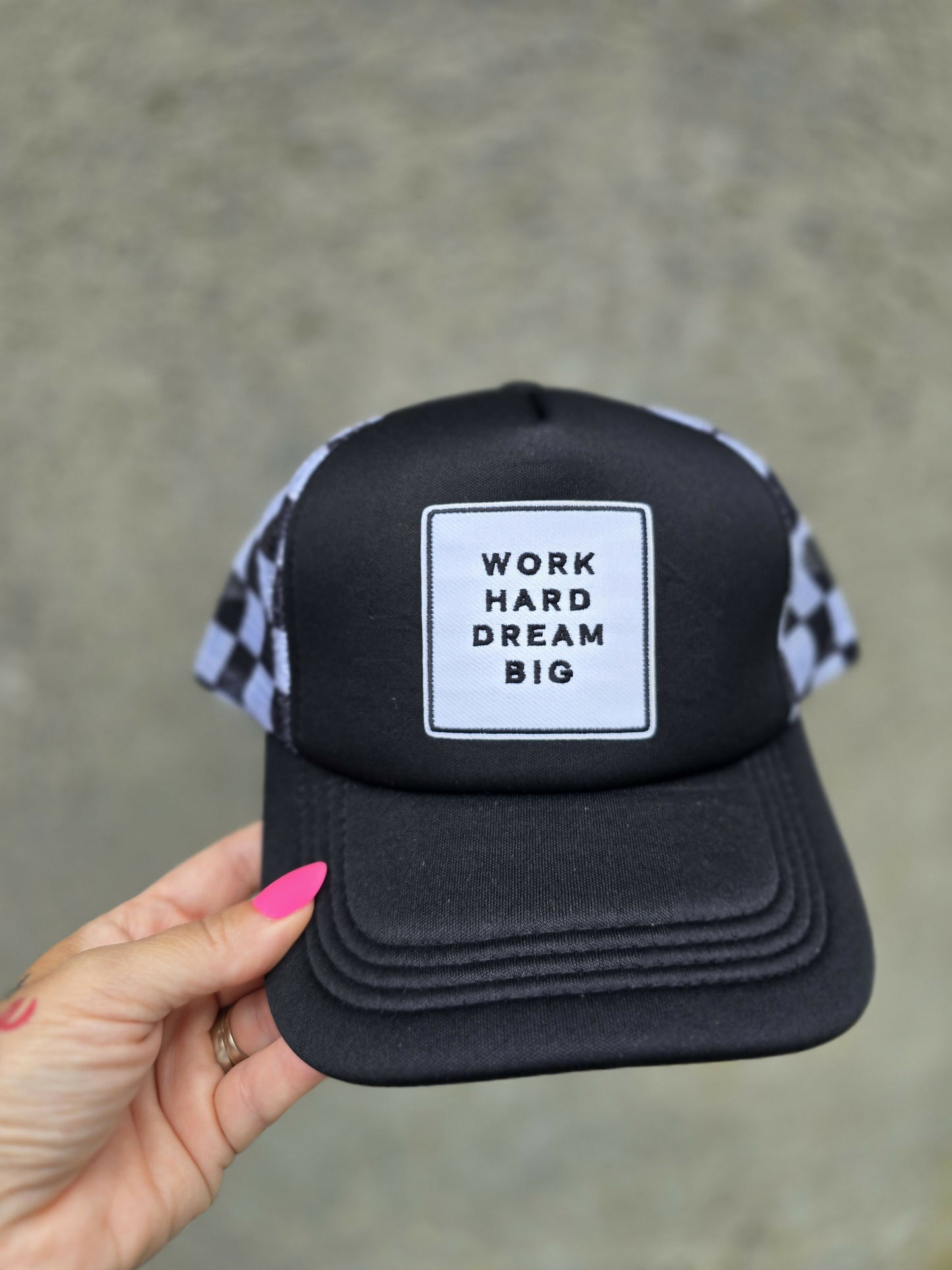 Work Hard Checkered Trucker Hat