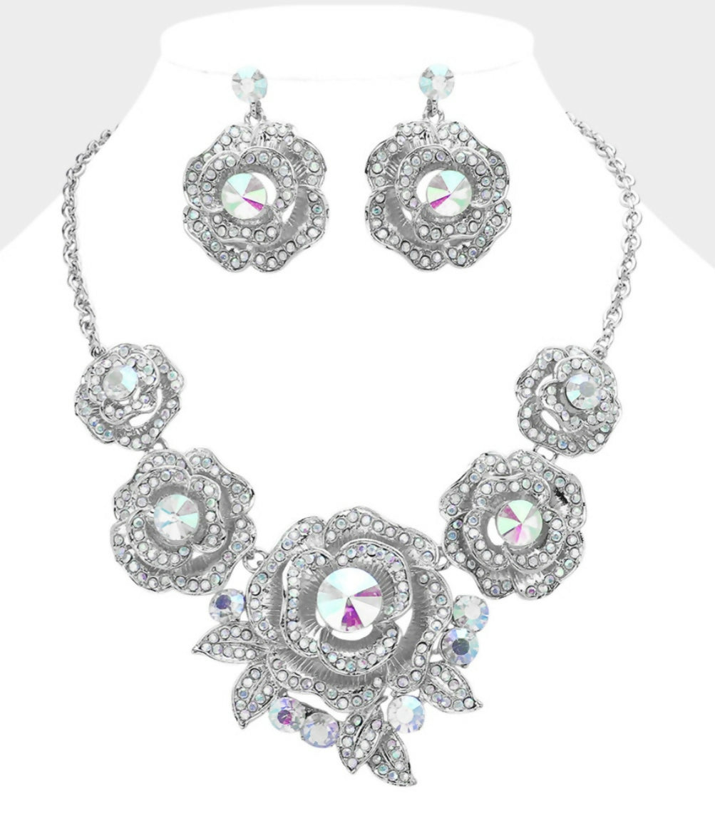 Flower Rhinestone Necklace & Earrings