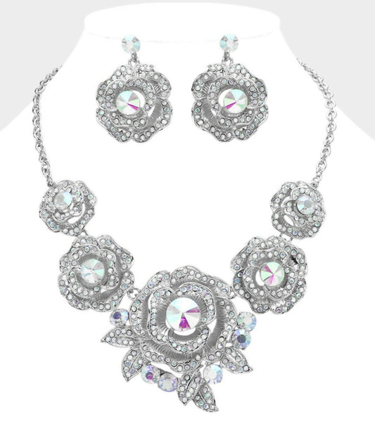 Flower Rhinestone Necklace & Earrings