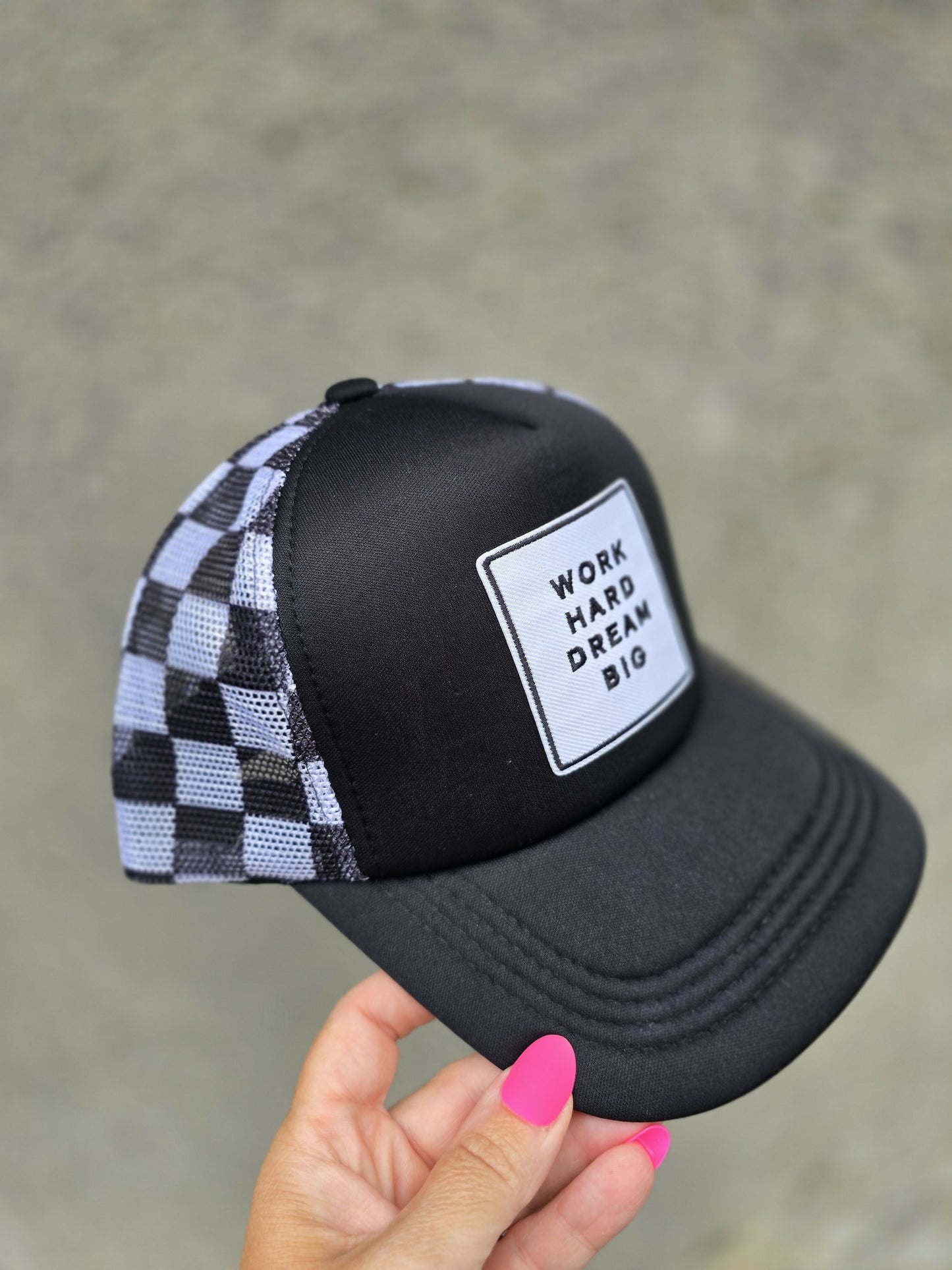 Work Hard Checkered Trucker Hat