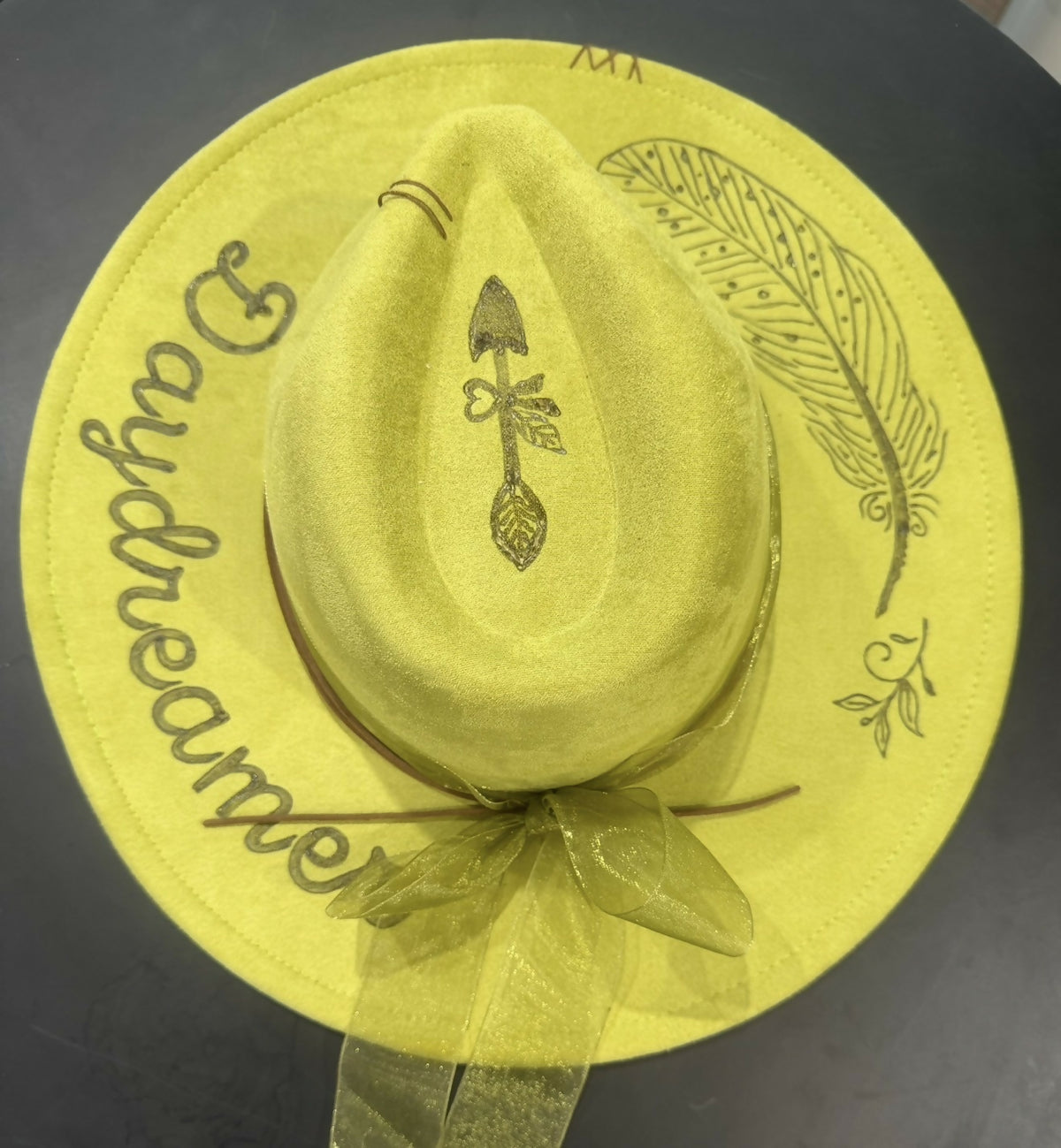 Fedora Custom Hat burned with Daydreamer & Feathers Unisex