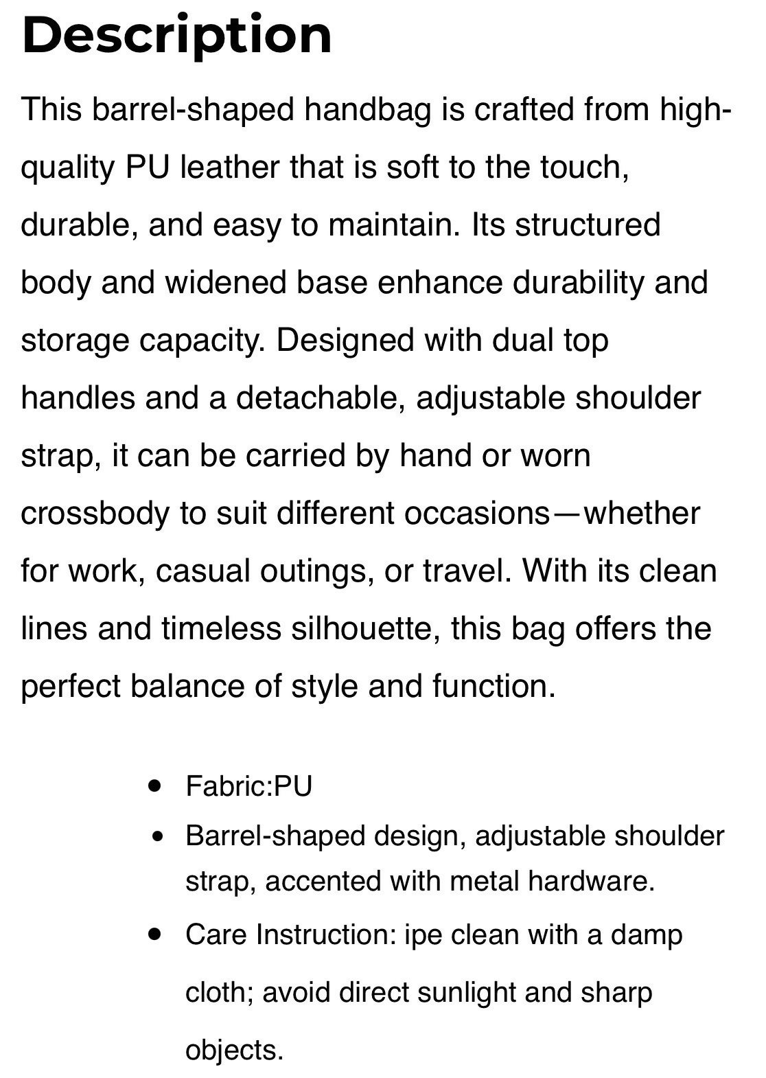 Classic Barrel-Shaped PU Leather Handbag