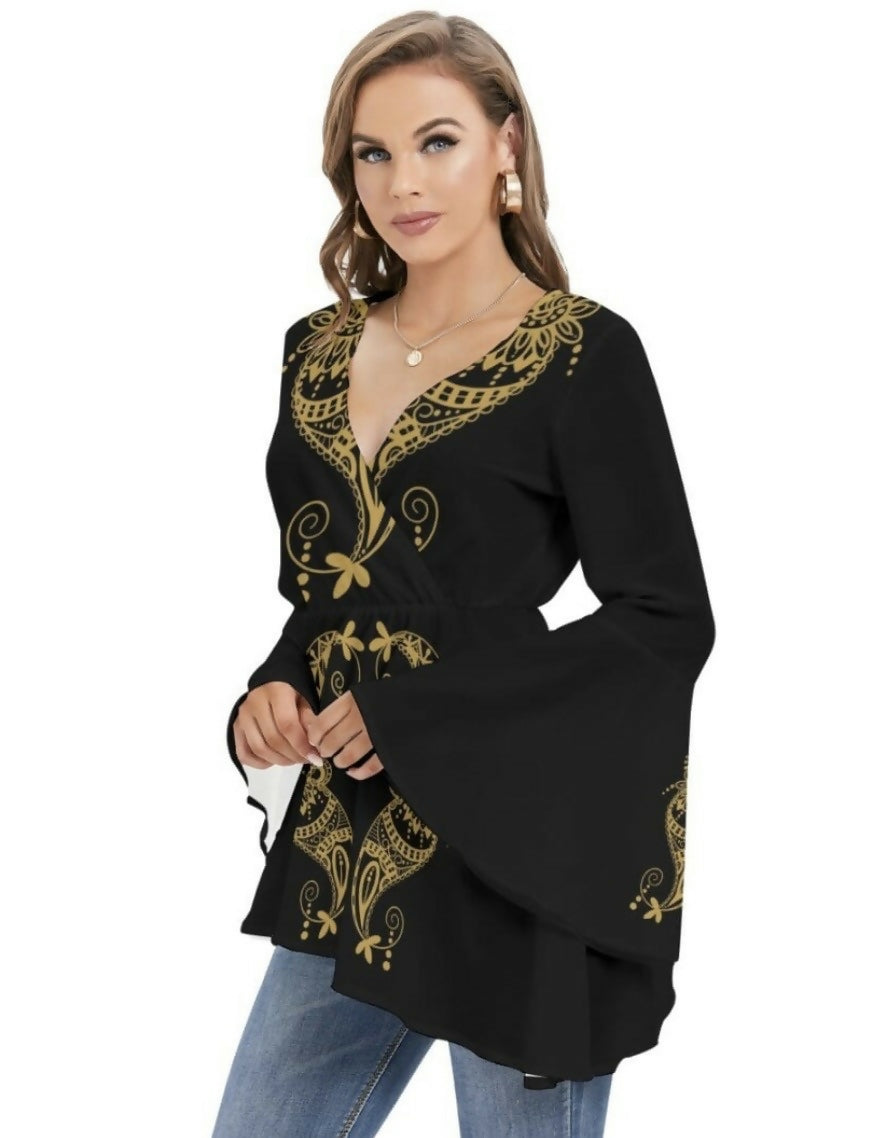 Women’s V-Neck Blouse with Bell Sleeves Sizes XS-2XL