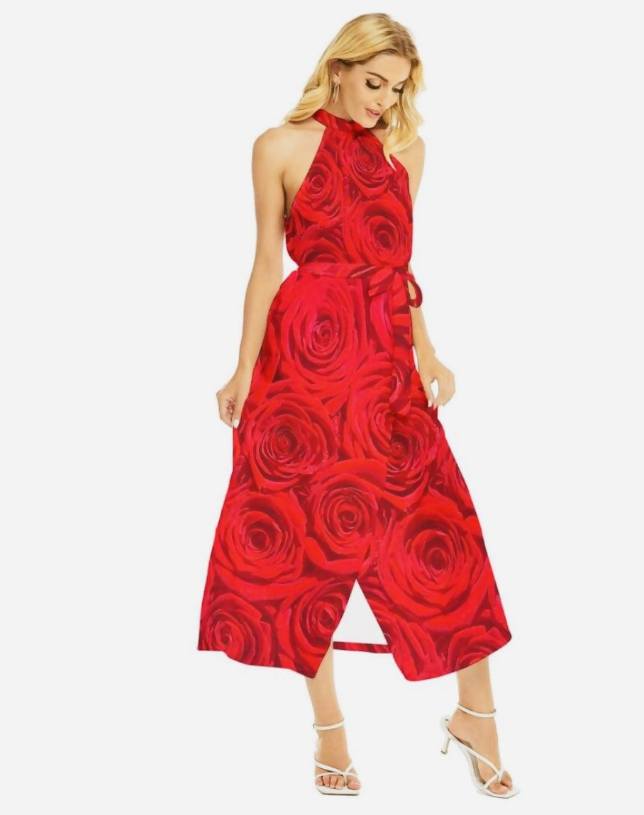 Women’s Wrap Hem Belted Halter Dress Sizes XS-2XL