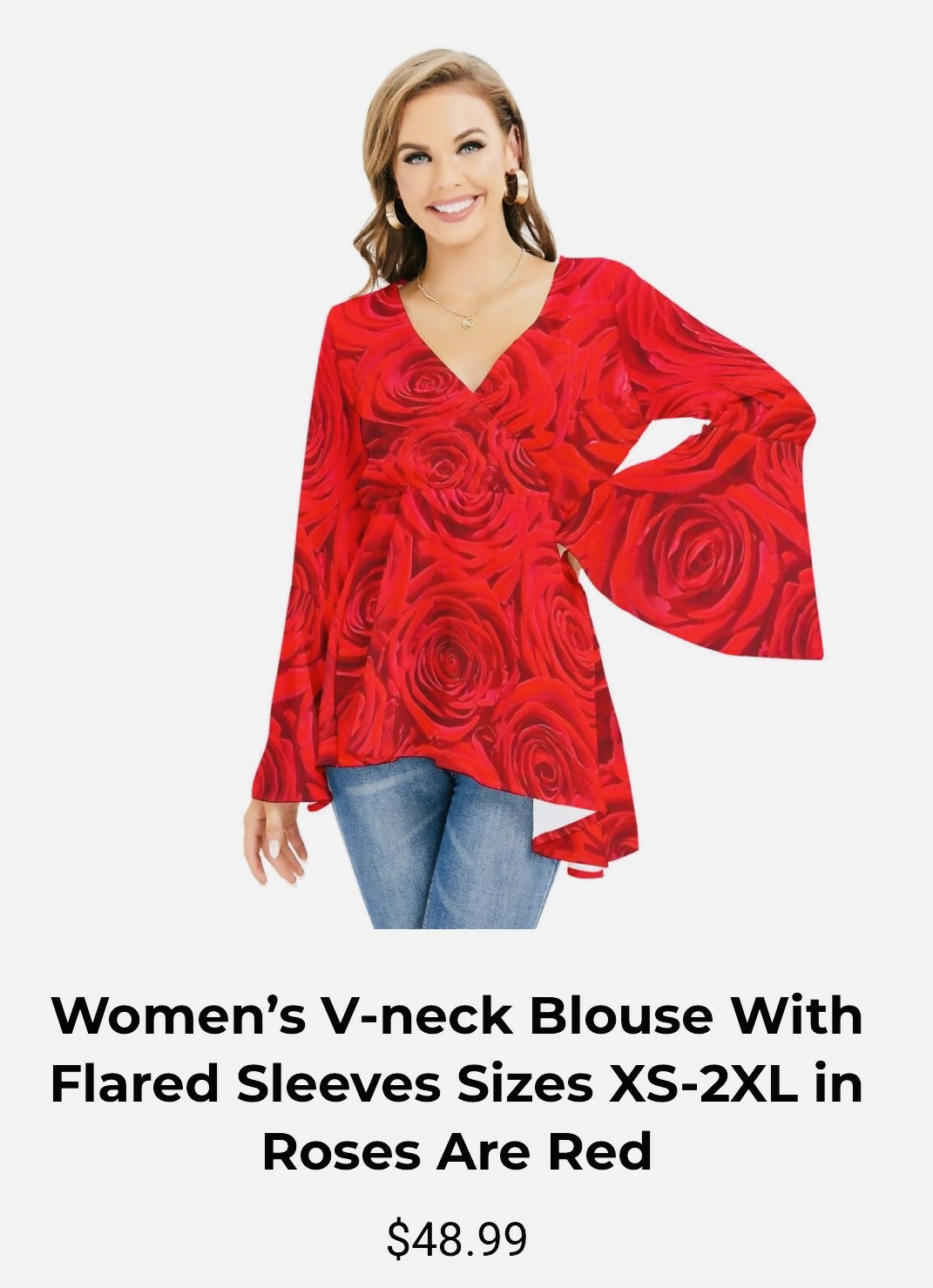 Women’s V-Neck Blouse with Flared Bell Sleeves Sizes XS-2XL