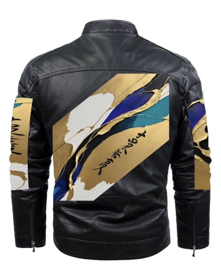 Men’s Decorative Zipper PU Leather Jacket with Fleece Lining Sizes L-6XL