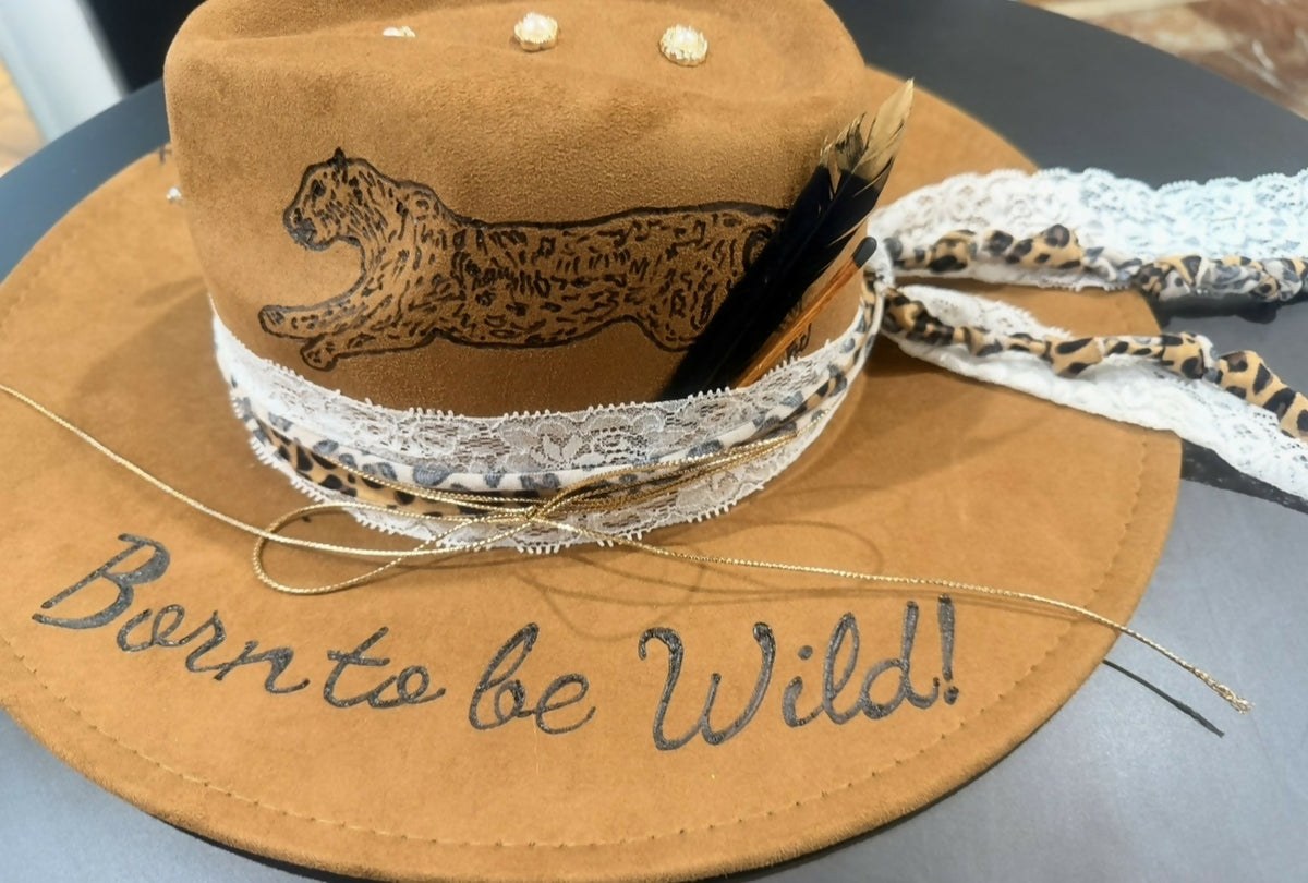 Custom Designed Burned ‘Born to Be Wild’ Fedora Felt Hat for Men & Women