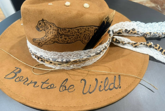 Custom Designed Burned ‘Born to Be Wild’ Fedora Felt Hat for Men & Women