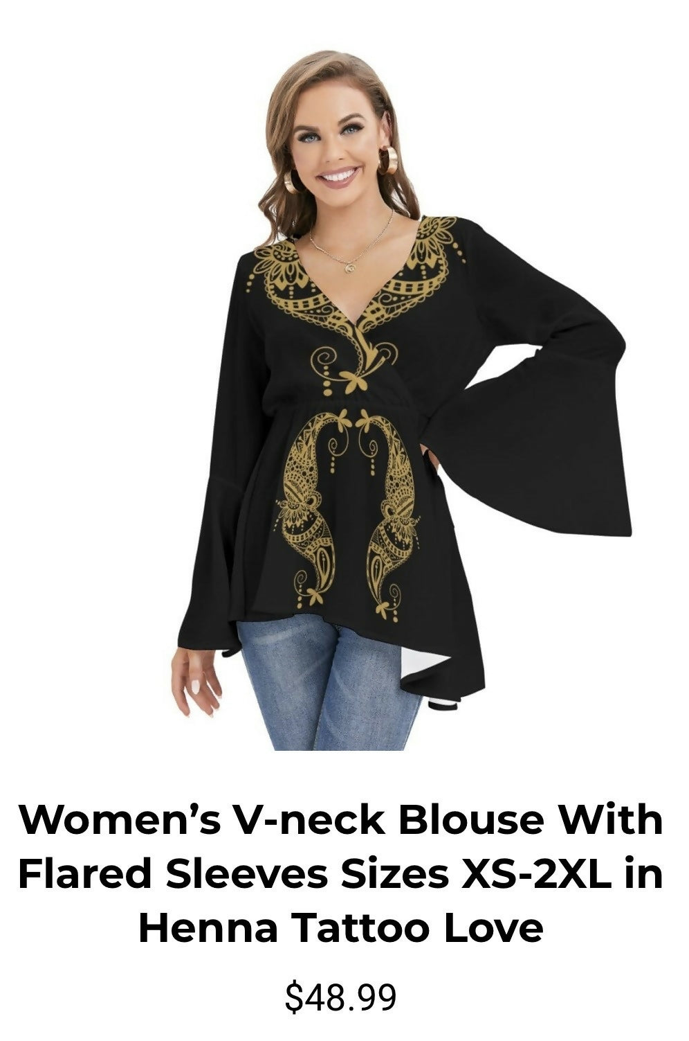 Women’s V-Neck Blouse with Bell Sleeves Sizes XS-2XL
