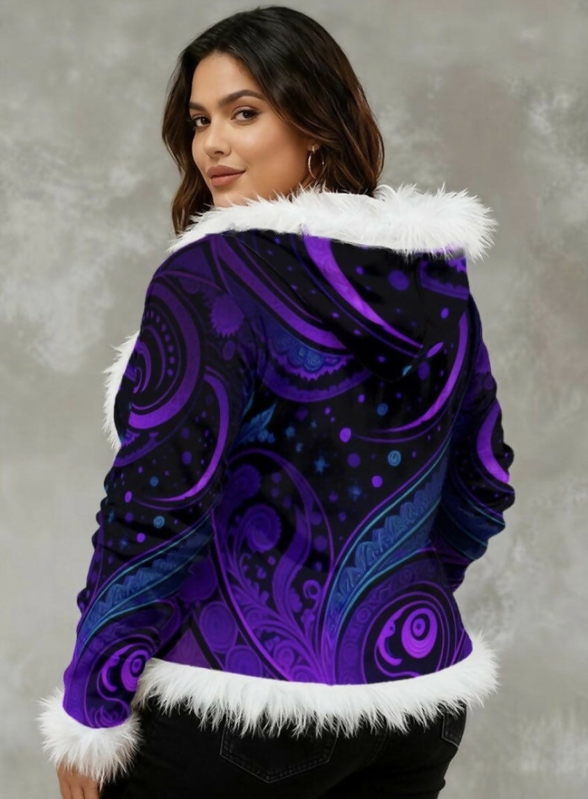 Women’s Faux Fur Trim Velvet Hooded Jacket Sizes S-6XL in Infinity