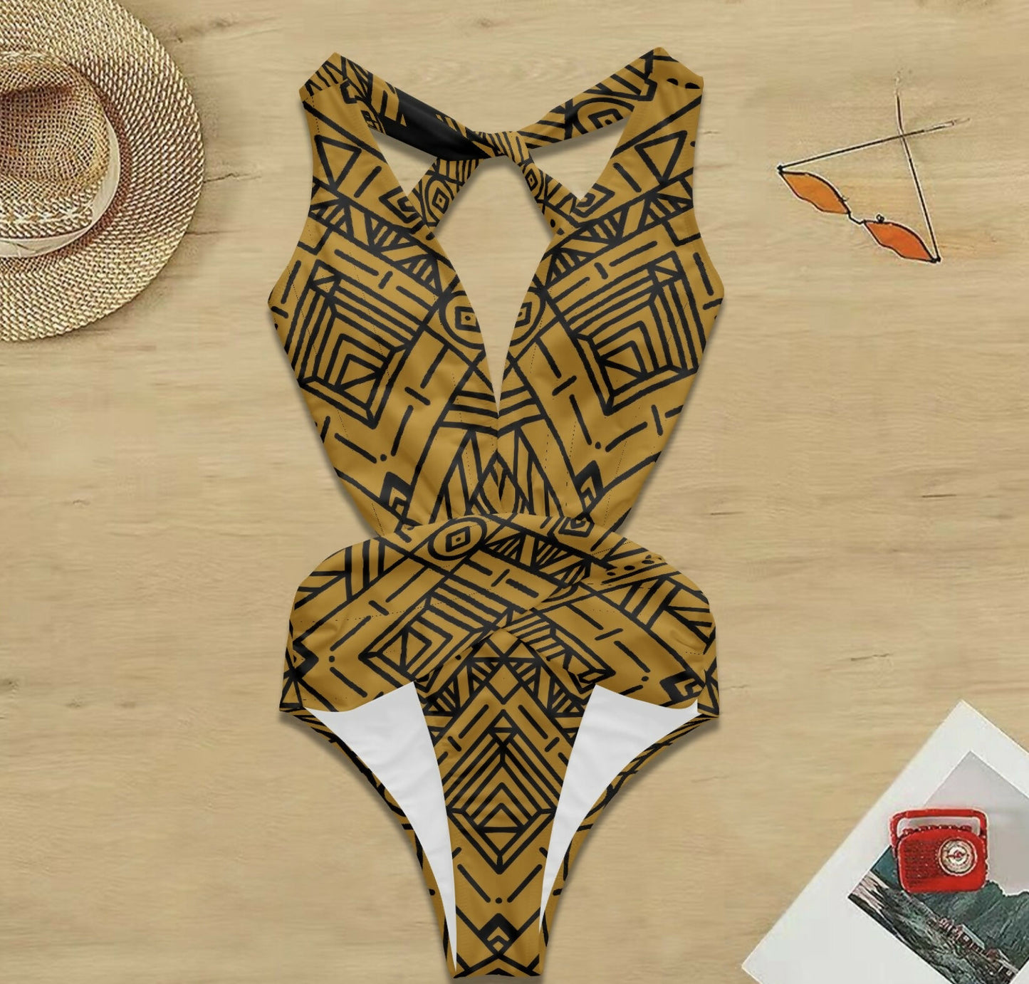 Women's Deep V-Neck Back Crossover One Piece Swimsuit Sizes S-5XL in The Sahara
