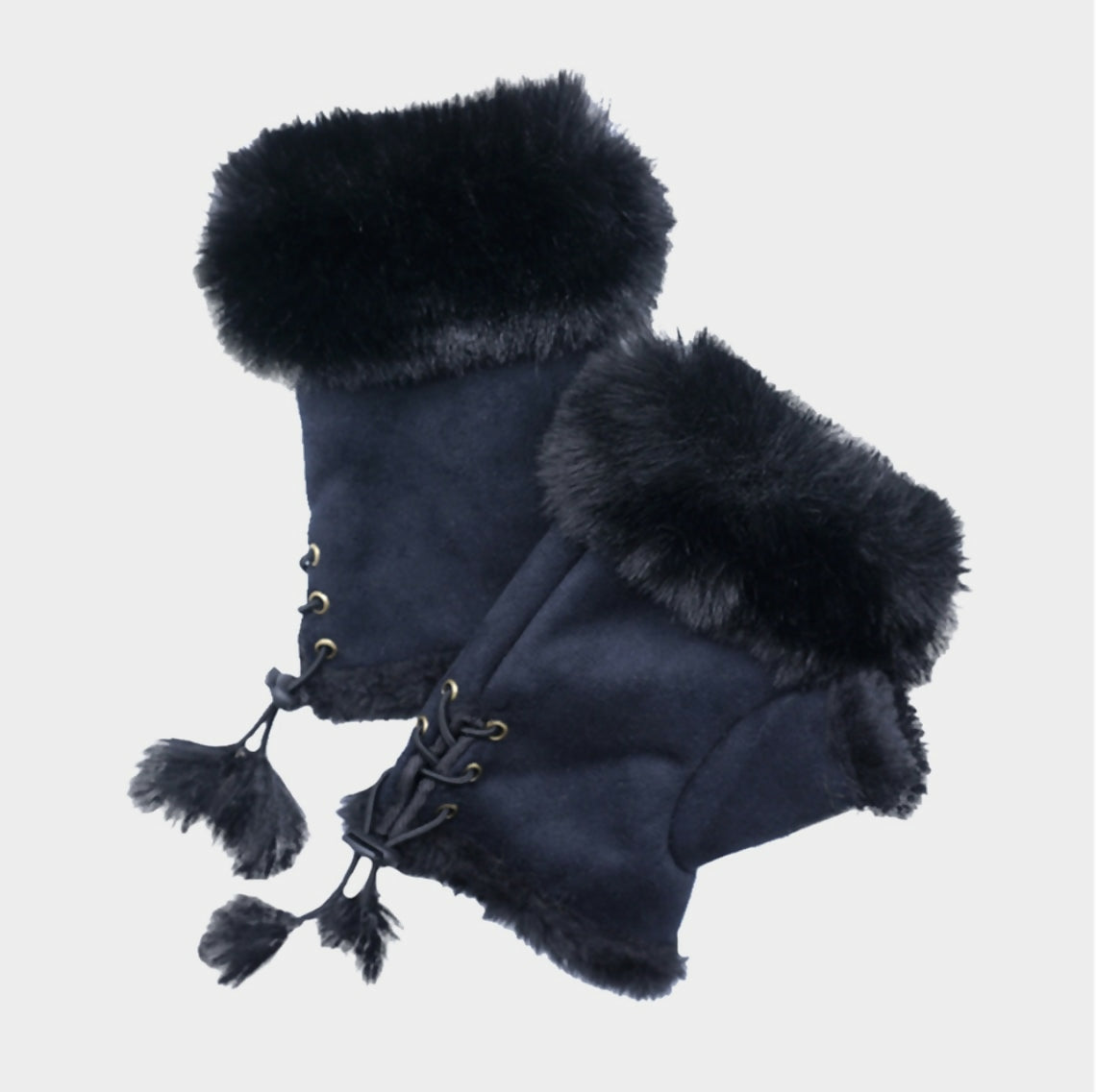 Fingerless Faux Fur & Suede Gloves-Black