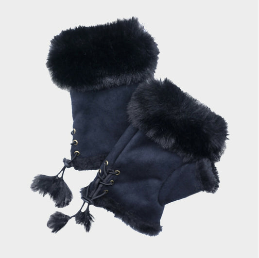 Fingerless Faux Fur & Suede Gloves-Black