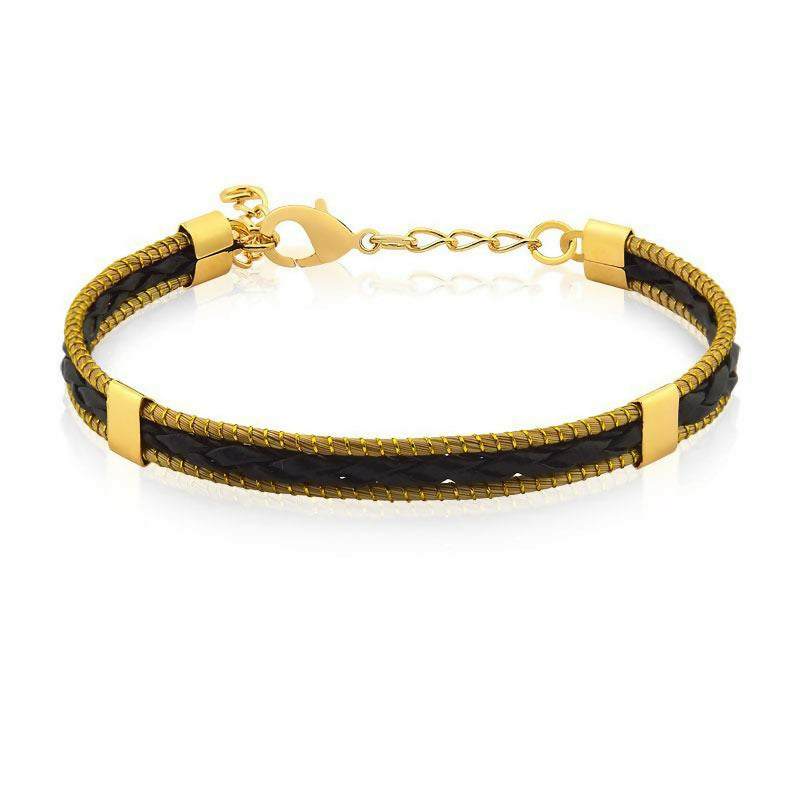 Mens Bracelet Golden Grass and Organic Leather Black 