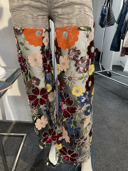 Sequin floral denim pant