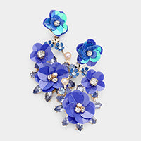 Blue Bloom Flower Rhinestone Pearl Dangle Earrings