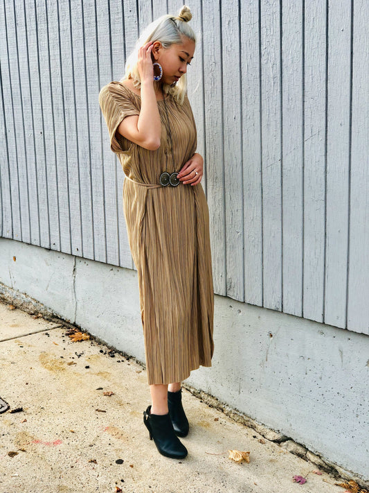 Pleated Self-Tie Midi Dress