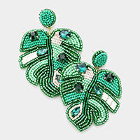 Green Stone Embellished Seed Beaded Tropical Leaf Dangle Earrings