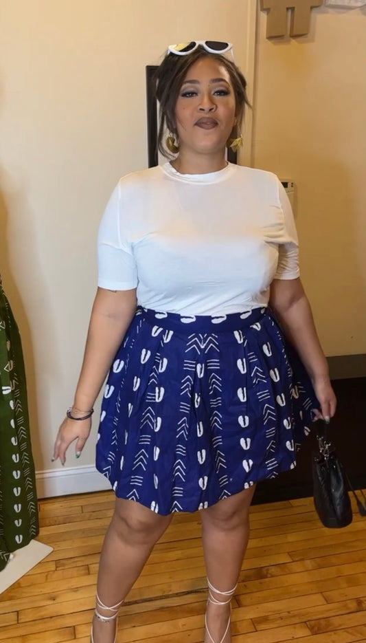 Blue Cowrie Pleated Mini Skirt