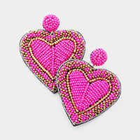 Pink Seed Bead Heart Earrings