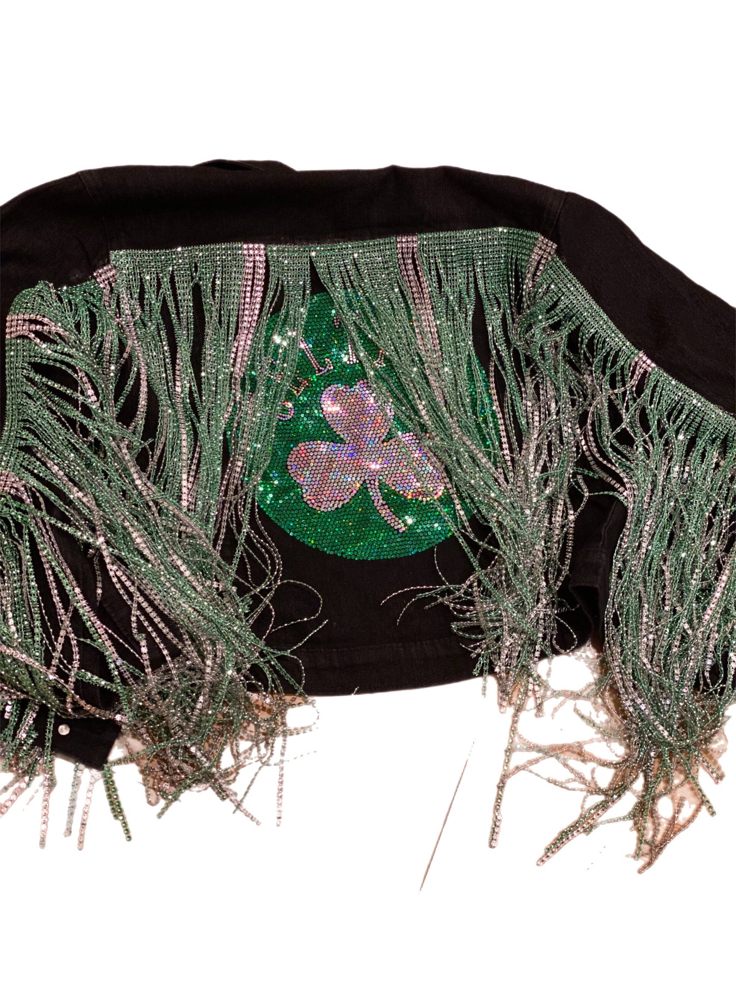 Green Rhinestone Fringe Denim Jacket