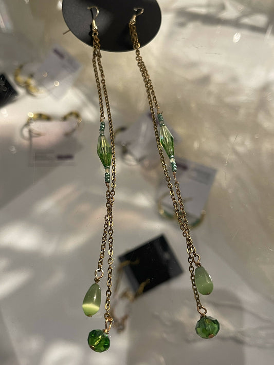 Green cats eye crystal chain earrings