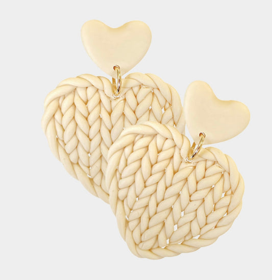 Braided Heart Clay Earrings BEIGE