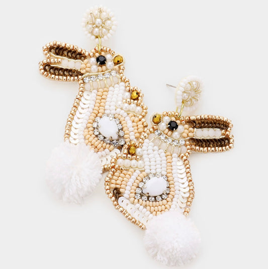 Pom Pom Beaded Bunny Earrings WHITE