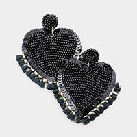 Black Seed Bead Heart Tassel Trim Earrings