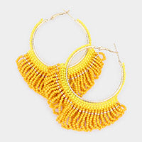 Yellow Metal Hoop Seed Beaded Fringe Earrings