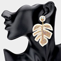 Ivory Stone Embellished Seed Beaded Tropical Leaf Dangle Earrings