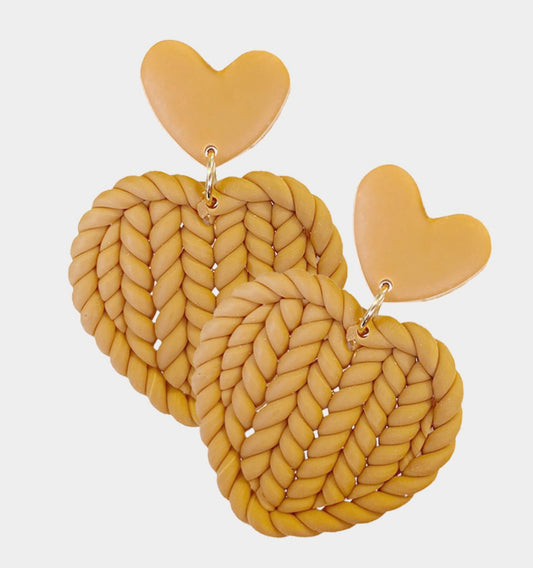 Braided Heart Clay Earrings TAN